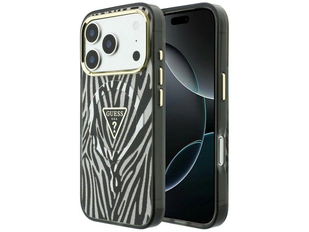 Etui na telefon z wzorem zebry i logo \'GUESS U.S.A.\' w kształcie trójkąta. Etui jest przeznaczone do telefonu z trzema aparatami i posiada złote wykończenia przycisków.