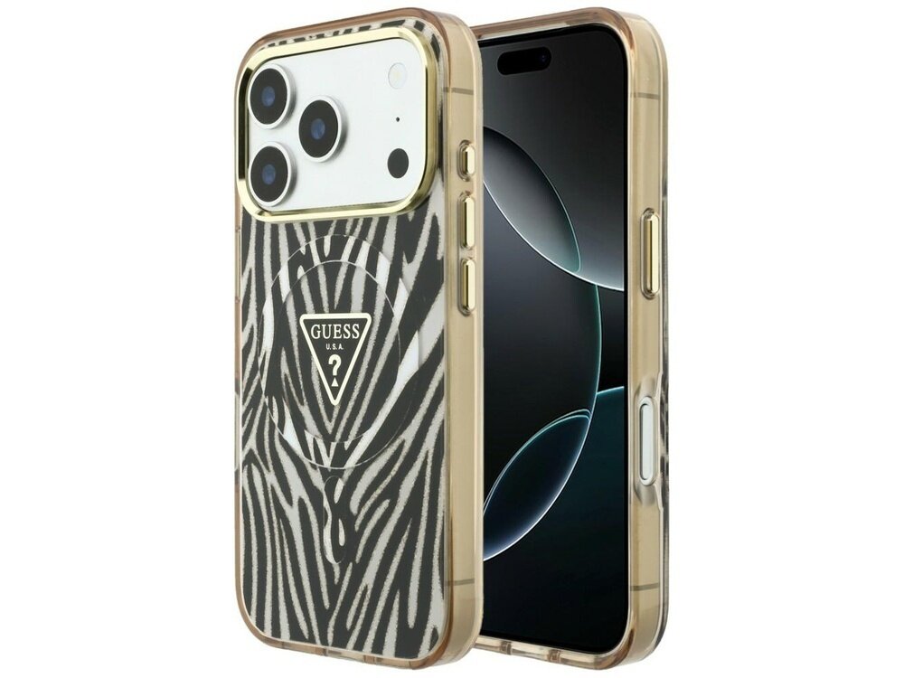 Etui na telefon z wzorem zebry i złotymi krawędziami, z logo \'GUESS U.S.A\' w kształcie trójkąta. Etui jest przeznaczone do telefonu z trzema aparatami i posiada funkcję MagSafe.