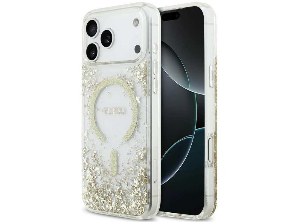 Etui na telefon z przezroczystego materiału z brokatowymi elementami i logo \'GUESS\'. Etui jest dopasowane do modelu telefonu z trzema aparatami.
