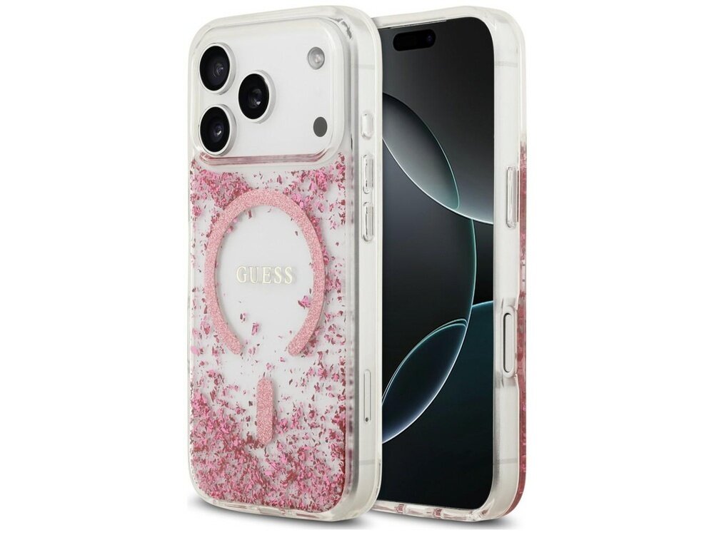 Etui na telefon z różowym brokatem i napisem \'GUESS\', przeznaczone dla modeli Apple iPhone 17 Pro Max/18 Pro Max. Etui posiada przezroczystą obudowę z widocznym miejscem na aparat i przyciski boczne.