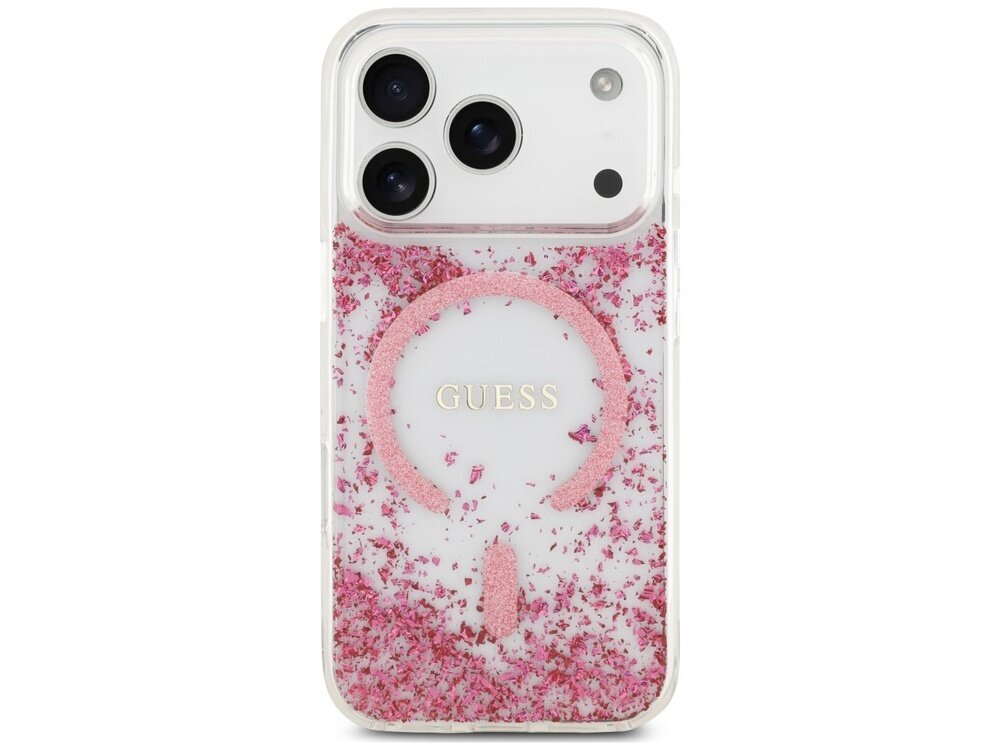 Etui na telefon z przezroczystego materiału z różowymi elementami i logo GUESS. Wewnątrz widoczne są różowe drobinki oraz okrągły wzór na środku.