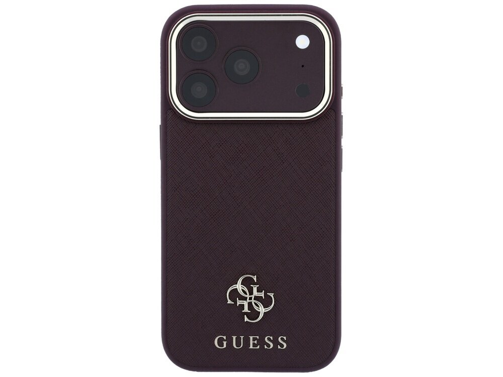 Burgundowe etui na telefon z trzema aparatami, ozdobione logo GUESS i wzorem 4G. Etui ma teksturę przypominającą skórę saffiano.