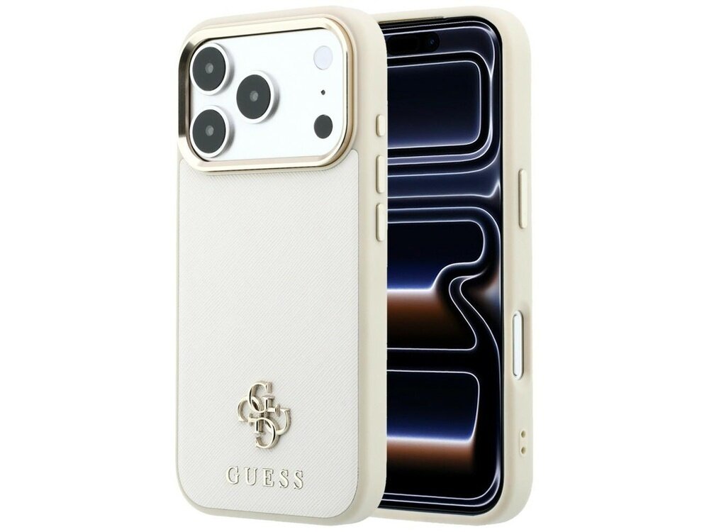 Beżowe etui na telefon z logo GUESS i wzorem 4G, przeznaczone dla modeli Apple iPhone 17 Pro Max/18 Pro Max. Etui posiada wycięcia na aparat i przyciski oraz jest kompatybilne z MagSafe.