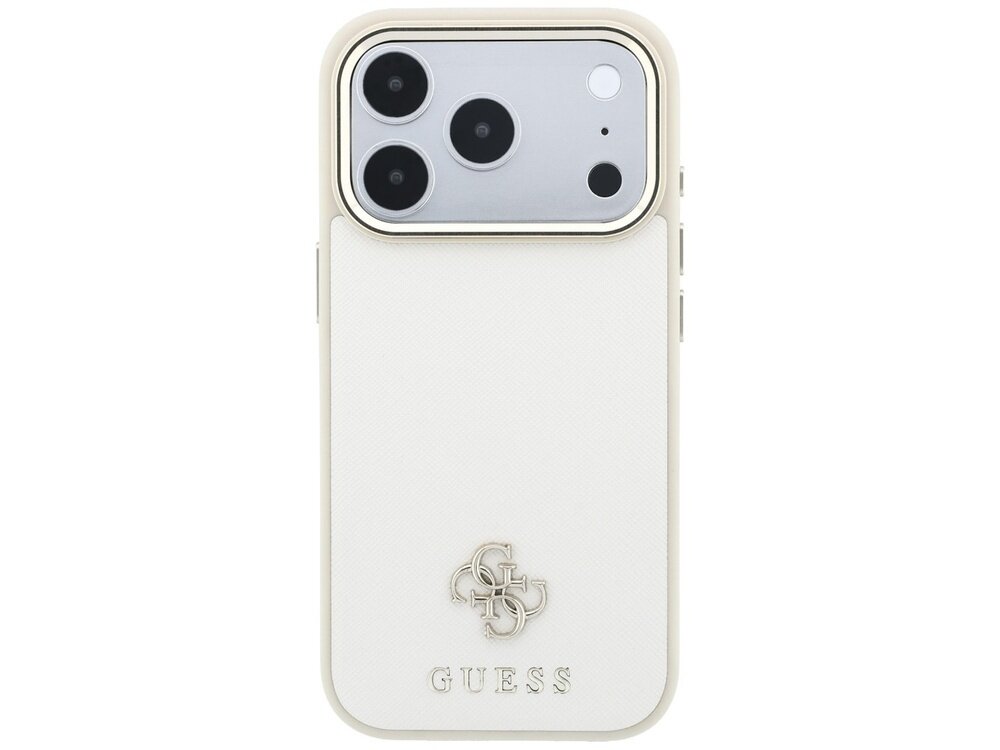Beżowe etui na telefon z trzema widocznymi obiektywami aparatu i logo GUESS na dole. Etui ma teksturę przypominającą skórę saffiano.