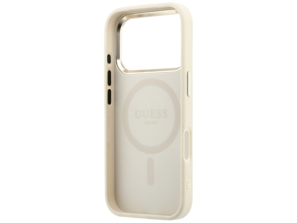 Beżowe etui na telefon z dużym otworem na aparat i logo GUESS na środku. Wewnątrz widoczny jest okrągły wzór MagSafe.