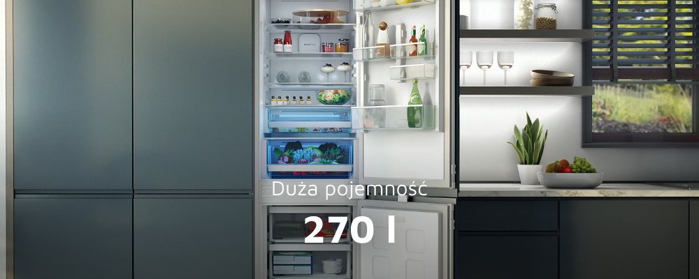 Otwarta lodówka z widocznymi półkami wypełnionymi różnymi produktami spożywczymi. Na obrazie znajduje się tekst: \'Duża pojemność 270 l\'.