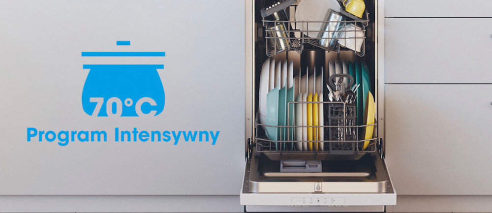 Otwarta zmywarka z widocznymi naczyniami w środku. Obok znajduje się niebieski napis \'70°C Program Intensywny\'.