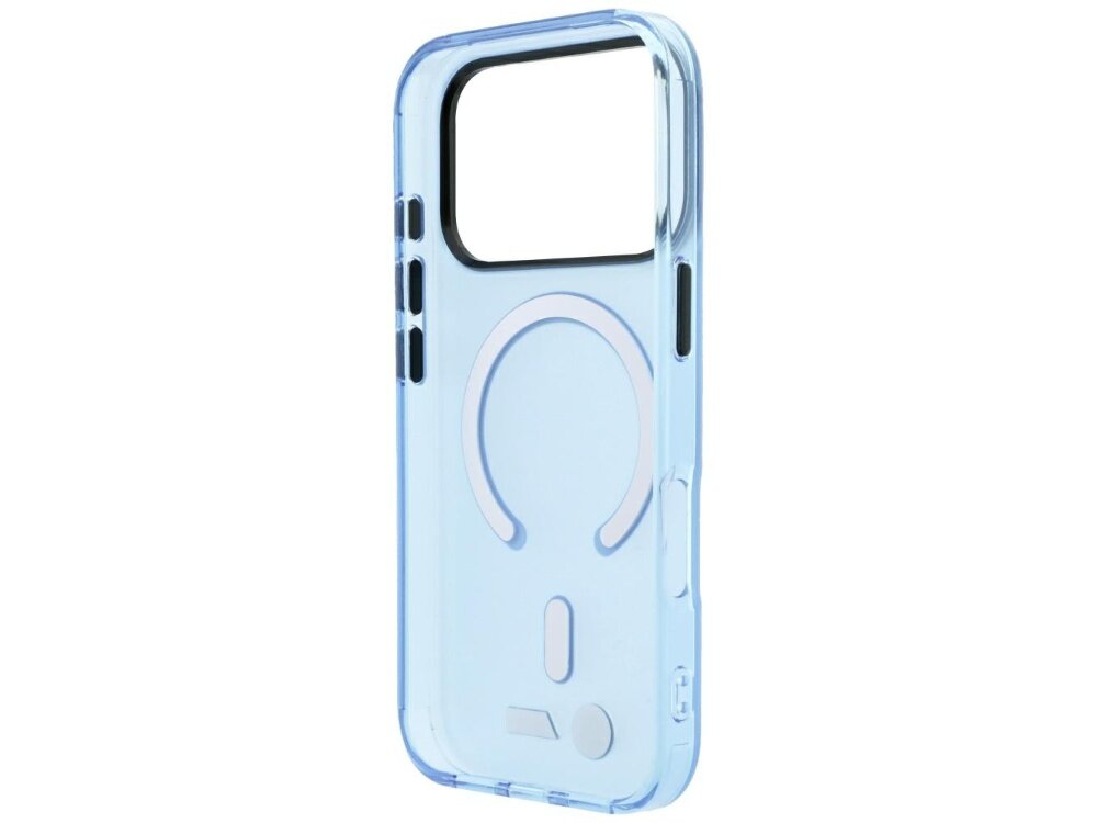 Przezroczyste niebieskie etui na telefon z okrągłym wzorem MagSafe i wycięciem na aparat. Na bokach widoczne są przyciski i otwory.