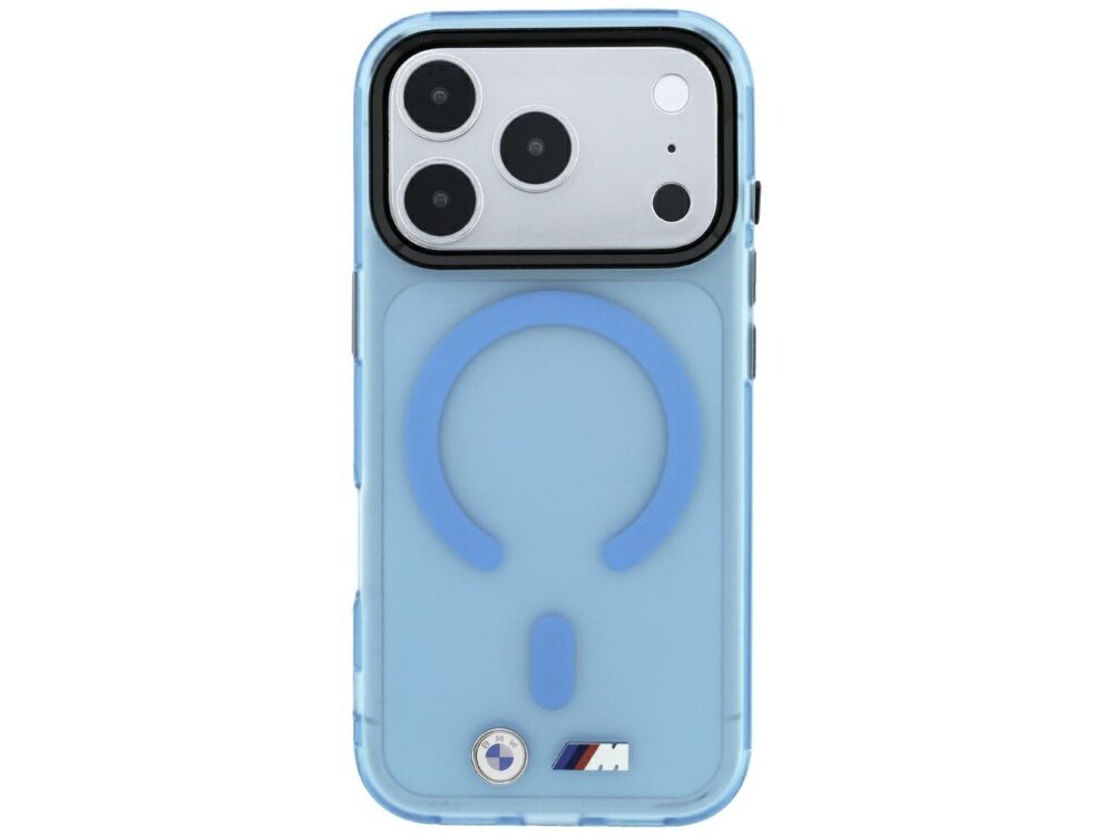 Niebieskie etui na telefon z trzema widocznymi obiektywami aparatu i logo BMW M na dole. Etui ma przezroczysty design z niebieskim wzorem w kształcie okręgu.
