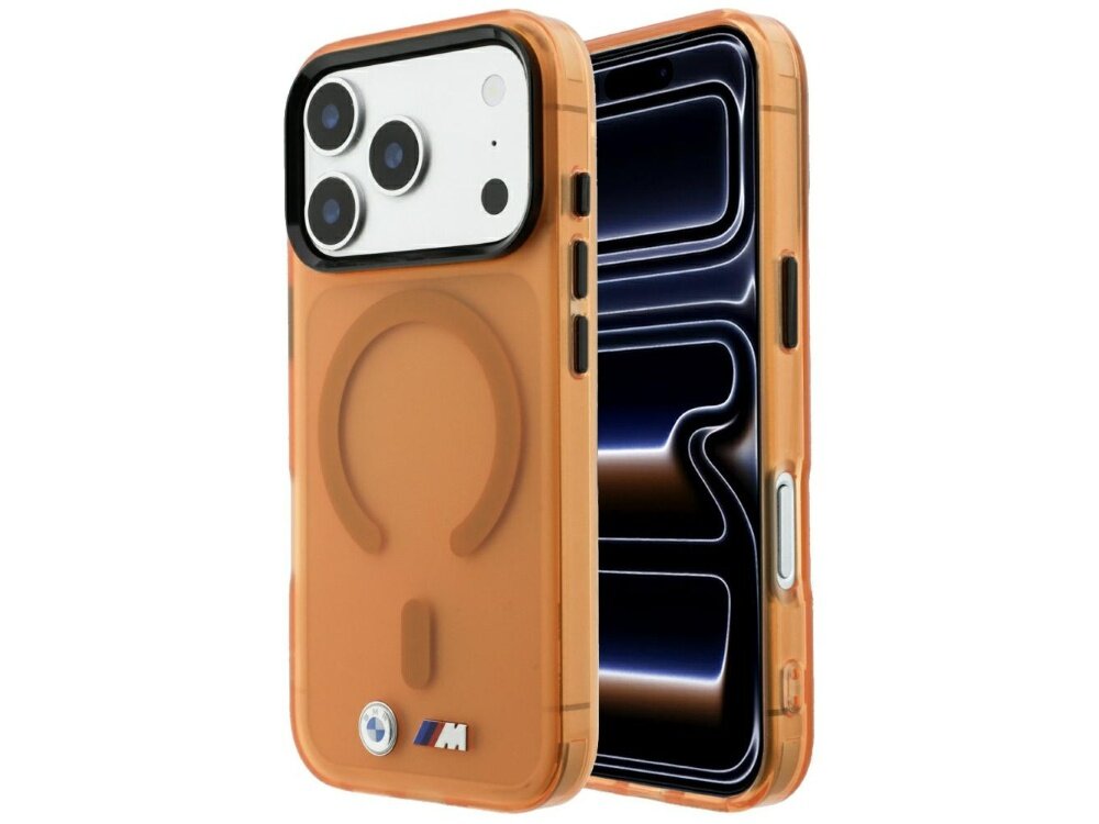 Pomarańczowe etui na telefon z widocznym logo \'M\' i okrągłym wzorem na tylnej części. Etui jest przeznaczone do telefonu z trzema obiektywami aparatu.