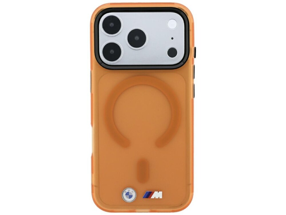 Pomarańczowe etui na telefon z trzema dużymi otworami na aparat oraz logo BMW M na dole. Etui posiada okrągły wzór sugerujący kompatybilność z MagSafe.