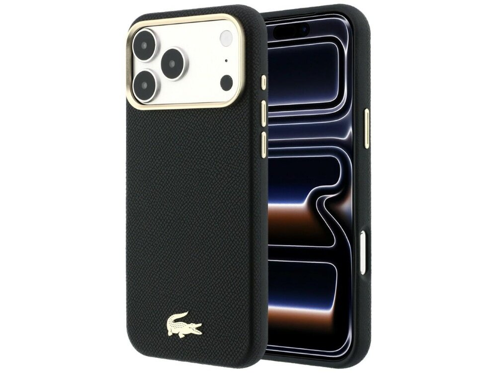 Czarne etui na telefon z teksturą, posiada wycięcia na aparat i przyciski oraz logo krokodyla na dole. Telefon w etui ma widoczny ekran z abstrakcyjnym wzorem.