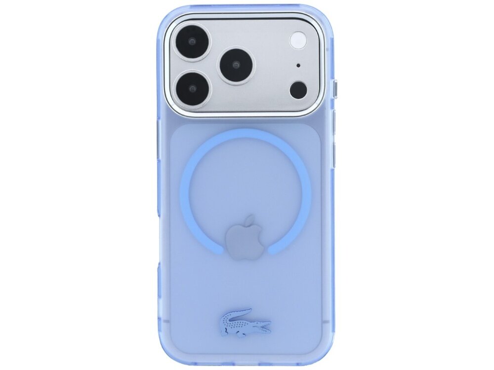 Niebieskie etui na telefon z trzema widocznymi obiektywami aparatu i logo w kształcie jabłka oraz krokodyla. Etui posiada okrągły wzór na środku, sugerujący kompatybilność z MagSafe.