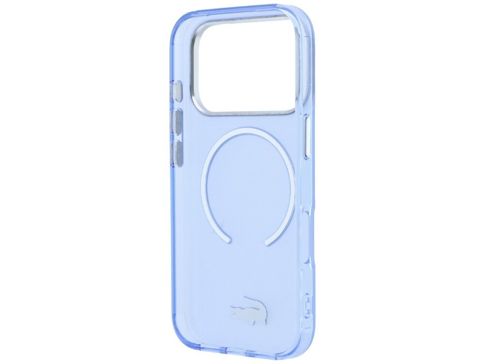 Przezroczyste, niebieskie etui na telefon z okrągłym wzorem MagSafe i logo krokodyla na dole. Etui ma wycięcie na aparat i przyciski boczne.