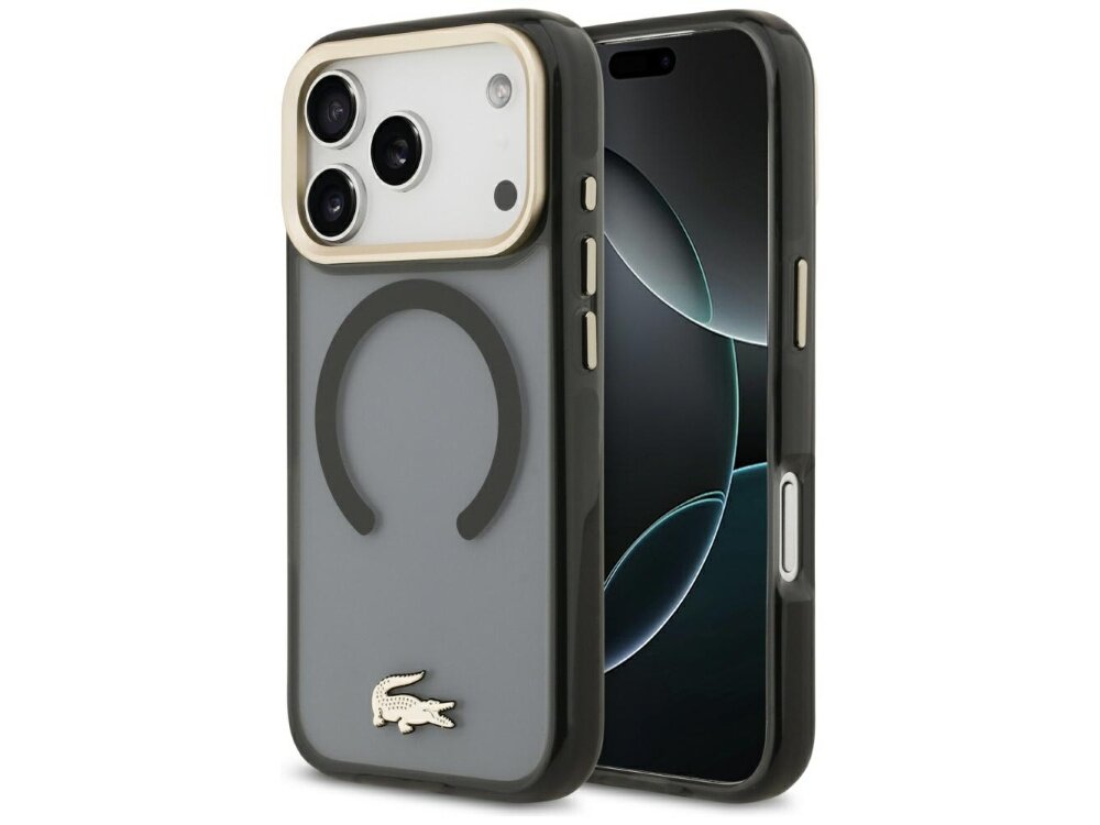 Obraz przedstawia czarne etui na telefon z logo krokodyla na dole oraz okrągłym wzorem na środku. Etui jest przeznaczone do telefonu z trzema aparatami i złotą ramką wokół nich.
