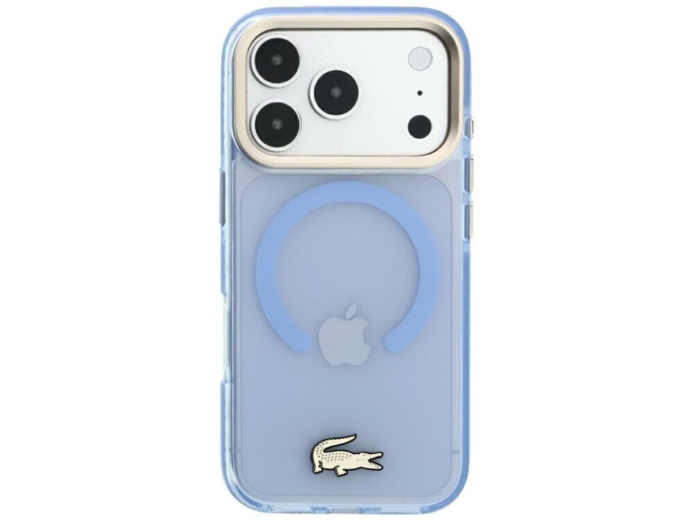 Niebieskie etui na telefon z trzema widocznymi aparatami i logo w kształcie krokodyla na dole. Na środku znajduje się przezroczysty okrąg oraz logo w kształcie jabłka.