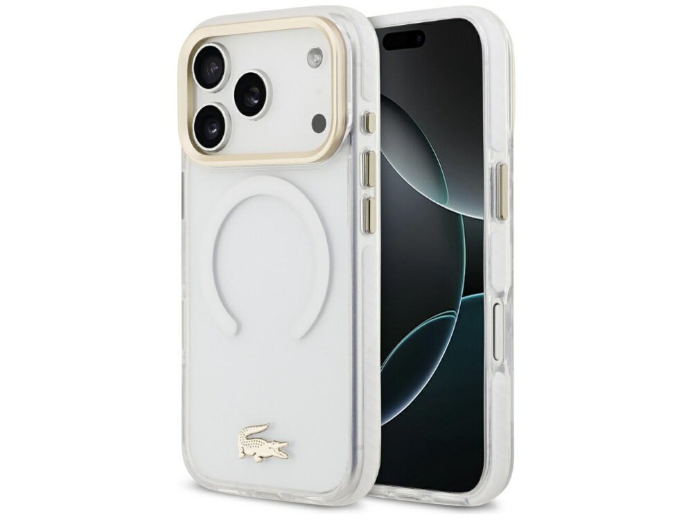 Przezroczyste etui na telefon z trzema widocznymi obiektywami aparatu i złotym logo krokodyla. Etui posiada okrągły wzór na tylnej części, kompatybilny z MagSafe.