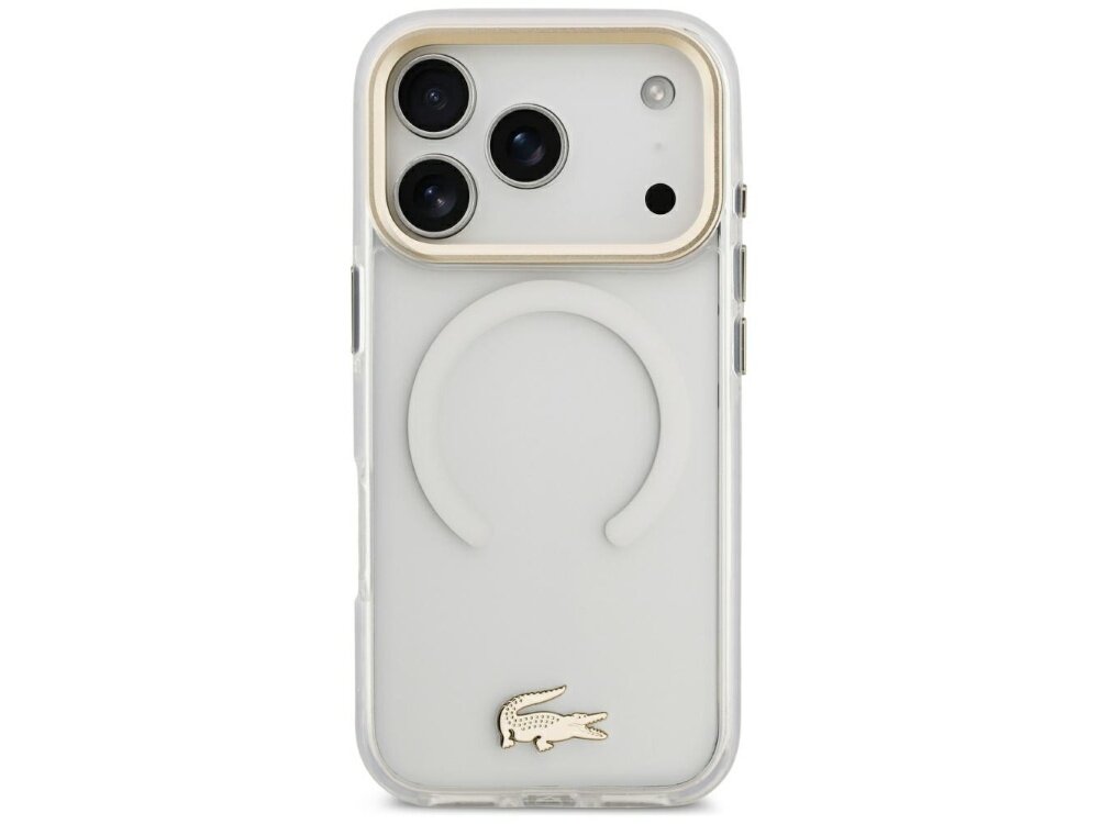 Przezroczyste etui na telefon z trzema widocznymi obiektywami aparatu i złotym logo krokodyla na dole. Na etui znajduje się również okrągły wzór, prawdopodobnie związany z funkcją MagSafe.