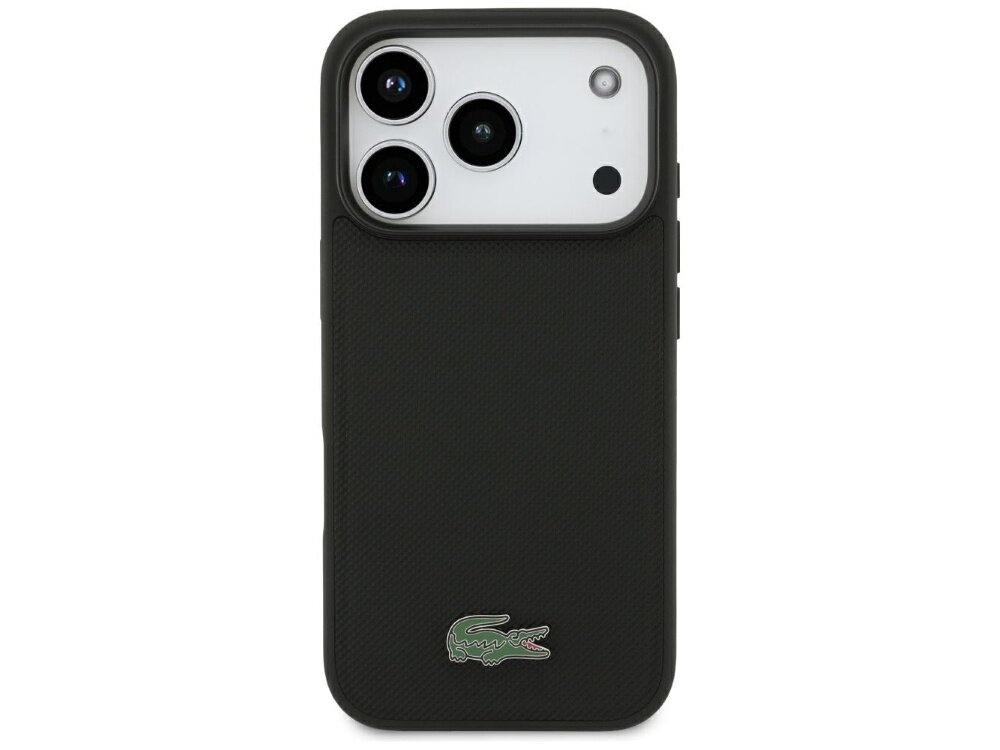 Czarne etui na telefon z trzema widocznymi obiektywami aparatu i logo krokodyla na dole. Etui ma teksturowaną powierzchnię.