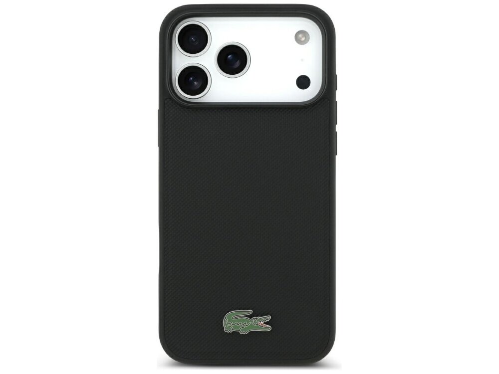 Czarne etui na telefon z trzema widocznymi obiektywami aparatu i logo krokodyla na dole. Powierzchnia etui ma teksturę przypominającą tkaninę.