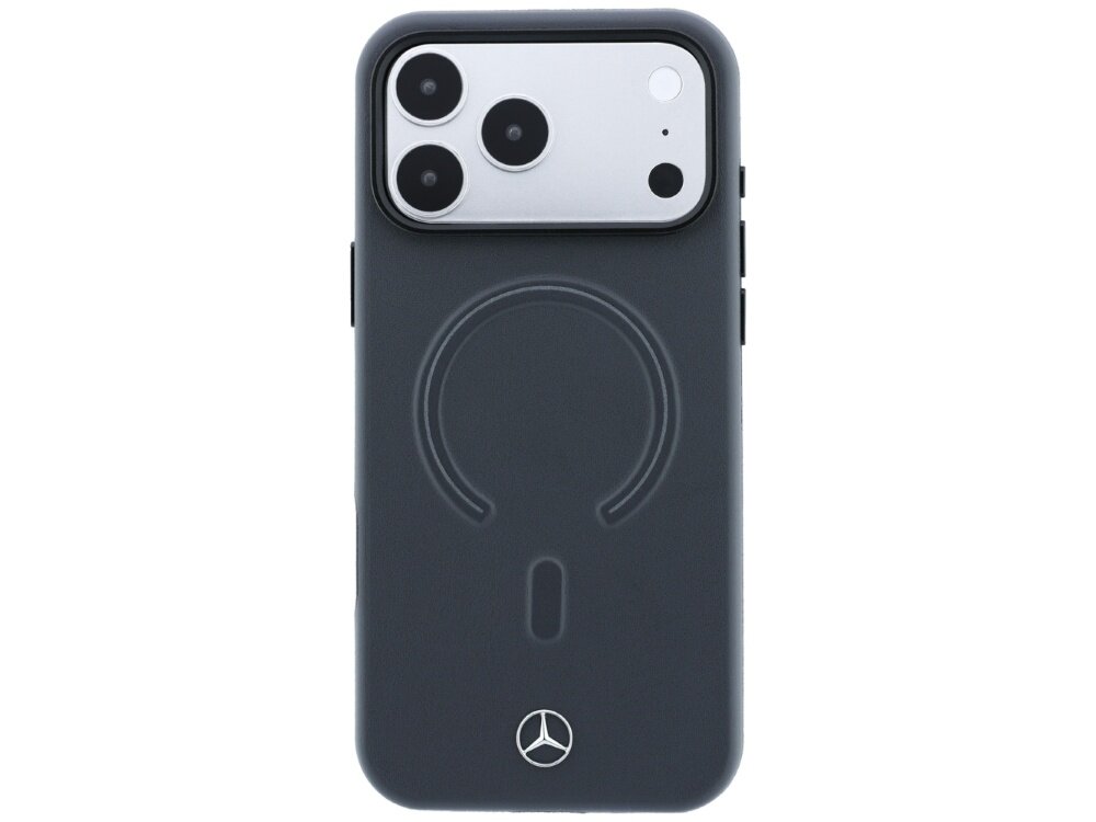 Etui na telefon w kolorze antracytowym z widocznym logo Mercedes na dole. Na etui znajduje się okrągły wzór, a telefon ma trzy kamery i lampę błyskową.