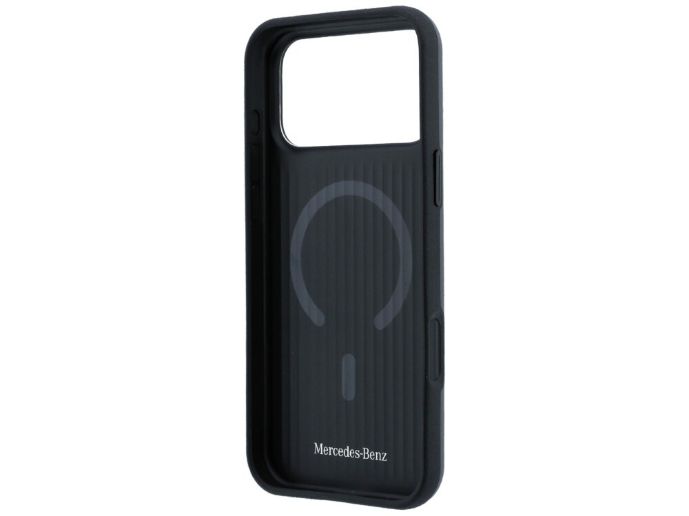 Etui w kolorze antracytowym z logo Mercedes-Benz na dole, posiada wycięcie na aparat i wewnętrzny wzór w kształcie okręgu. Przeznaczone do Apple iPhone 17 Pro Max/18 Pro Max z funkcją MagSafe.