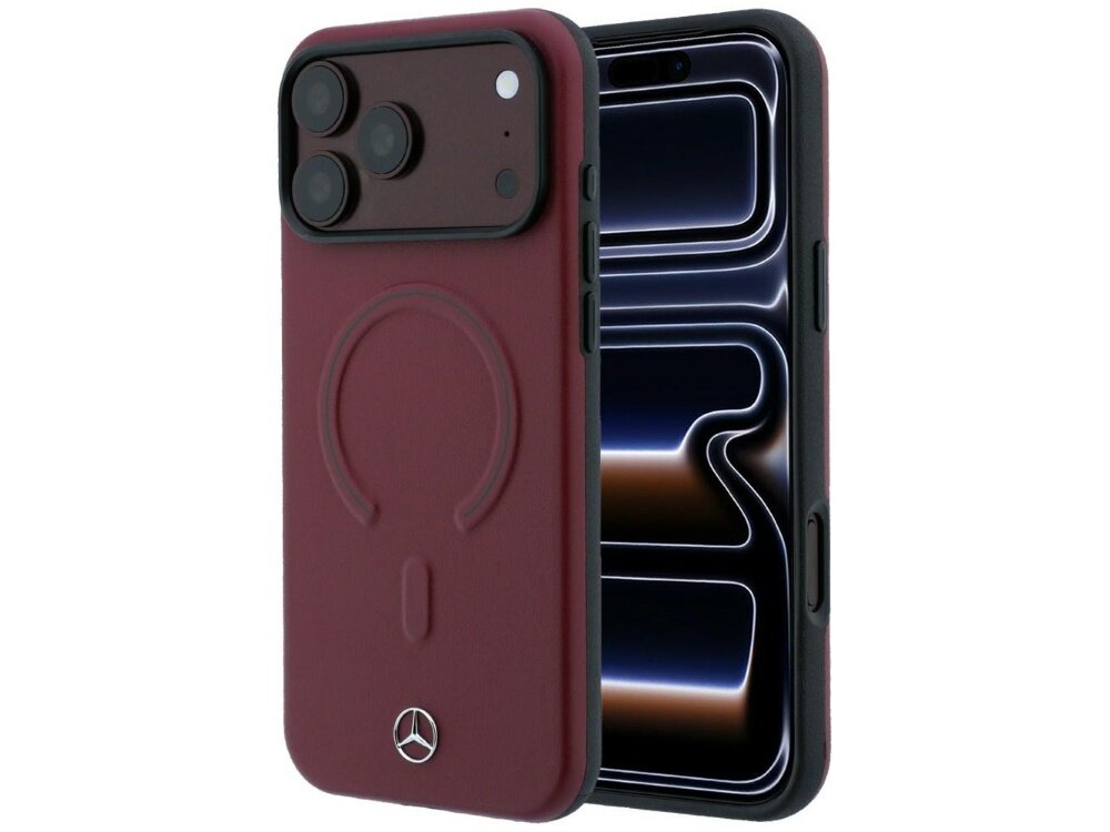 Burgundowe etui na telefon z logo Mercedes, posiada wycięcia na aparat i przyciski oraz okrągły wzór na tylnej części. Obok etui widoczny jest telefon z wyświetlaczem pokazującym abstrakcyjny wzór.