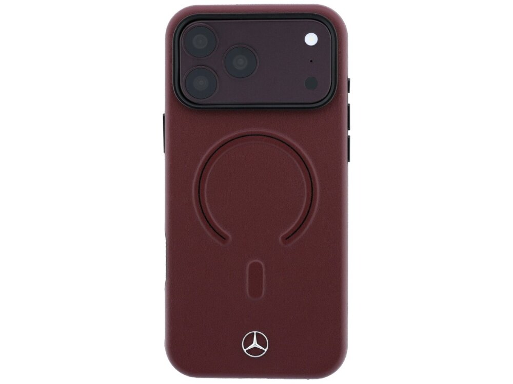 Burgundowe etui na telefon z trzema widocznymi obiektywami aparatu i logo Mercedes na dole. Na etui znajduje się okrągły wzór sugerujący funkcję MagSafe.