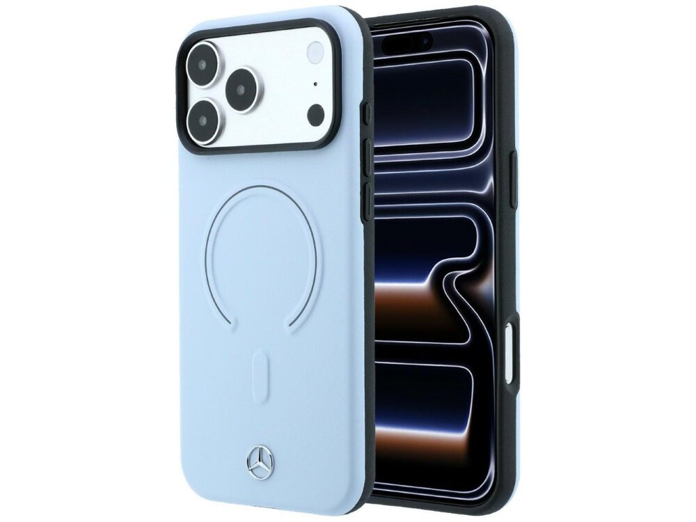 Niebieskie etui na telefon z logo Mercedesa na dole oraz okrągłym wzorem na środku. Obok etui widoczny jest telefon z trzema aparatami i ekranem z abstrakcyjnym wzorem.