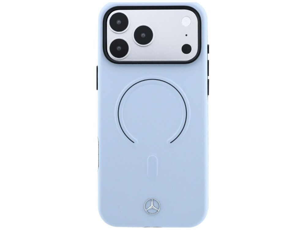 Niebieskie etui na telefon z trzema dużymi otworami na aparat oraz logo Mercedes na dole. Etui posiada okrągły wzór na środku, sugerujący kompatybilność z MagSafe.