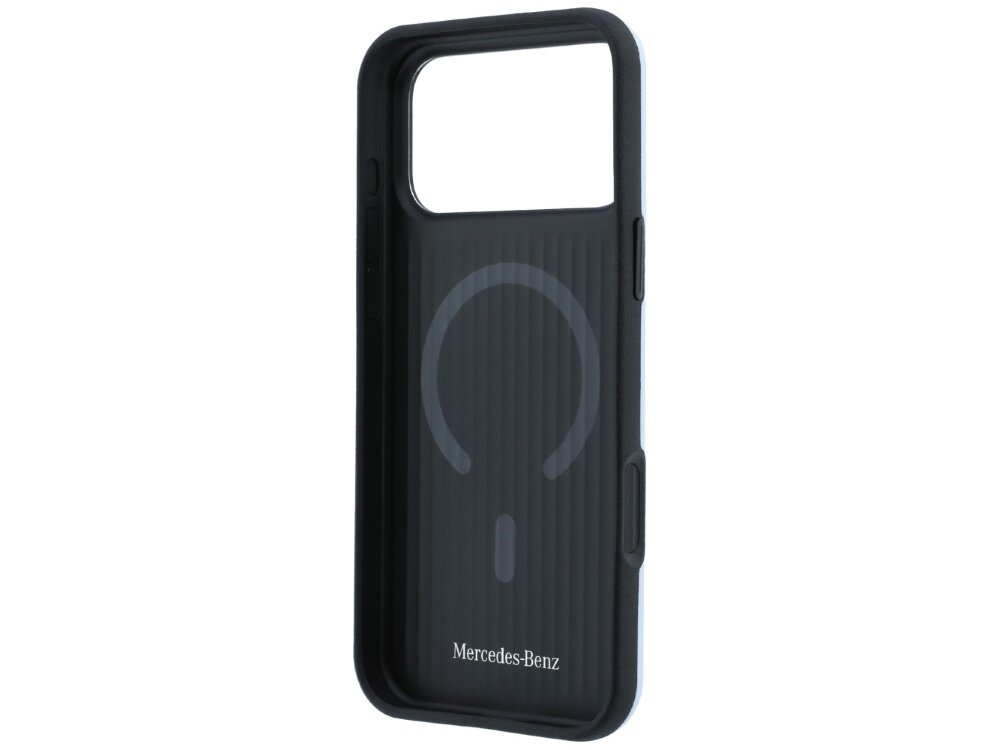 Etui w kolorze niebieskim z logo \'Mercedes-Benz\' na dole, posiada wycięcie na aparat i wzór MagSafe na wewnętrznej stronie.