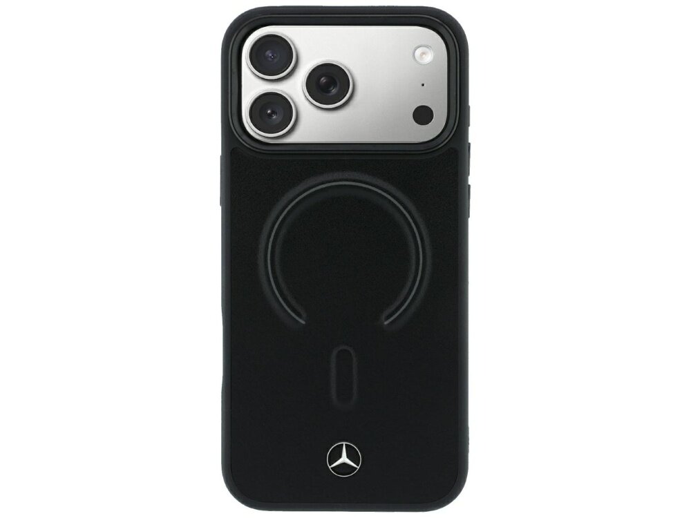 Czarne etui na telefon z trzema wycięciami na aparaty i logo Mercedes na dole. Na etui widoczny jest okrągły wzór sugerujący funkcję MagSafe.