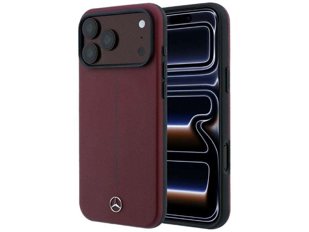 Burgundowe etui na telefon z logo Mercedes na dole, przeznaczone dla modeli Apple iPhone 17 Pro Max/18 Pro Max. Etui posiada wycięcia na aparat i przyciski oraz jest kompatybilne z MagSafe.