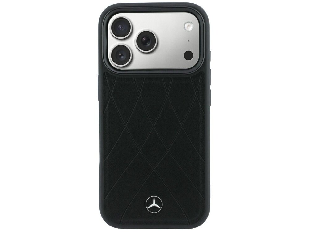 Czarne etui na telefon z wzorem krzyżujących się linii i logo producenta w dolnej części. Widoczne są trzy obiektywy aparatu oraz lampa błyskowa.