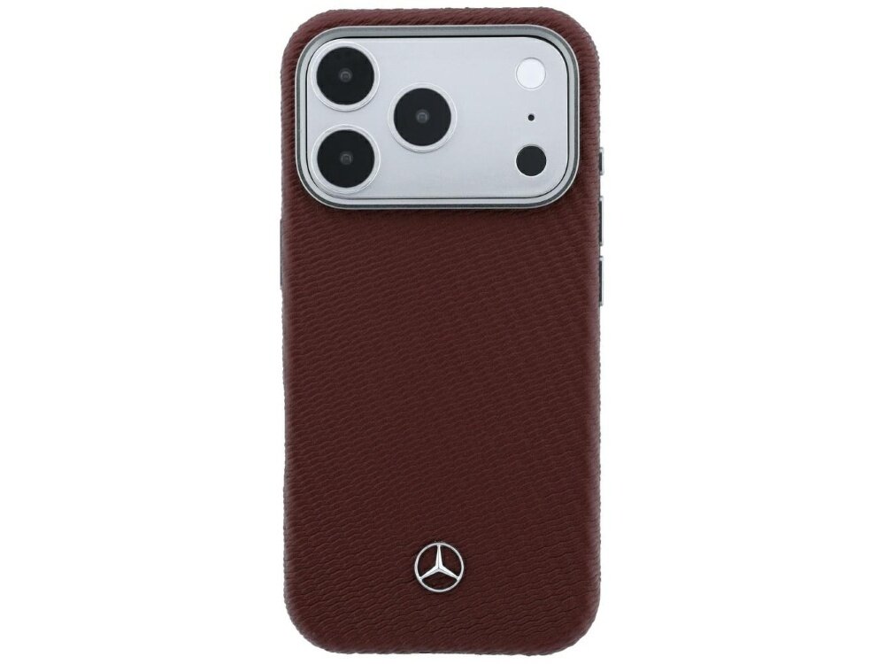 Burgundowe etui na telefon z trzema dużymi otworami na aparaty i logo Mercedes na dole. Etui ma teksturę przypominającą skórę.