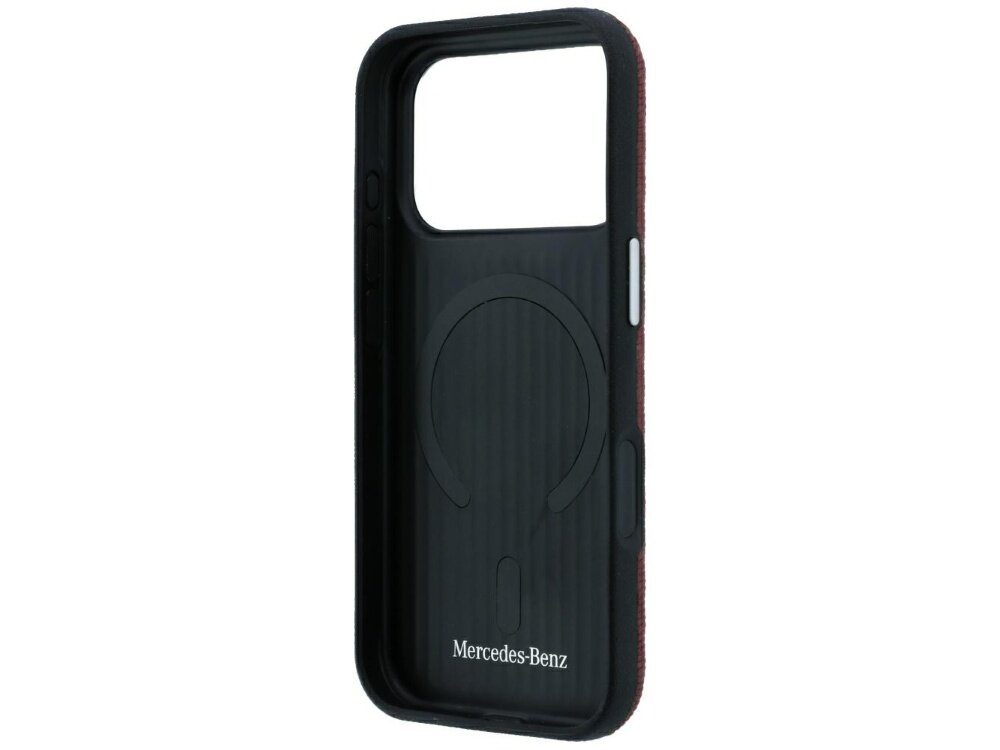 Etui na telefon z czarnym wnętrzem i logo \'Mercedes-Benz\' na dole. Widoczny jest okrągły wzór MagSafe oraz przyciski boczne.