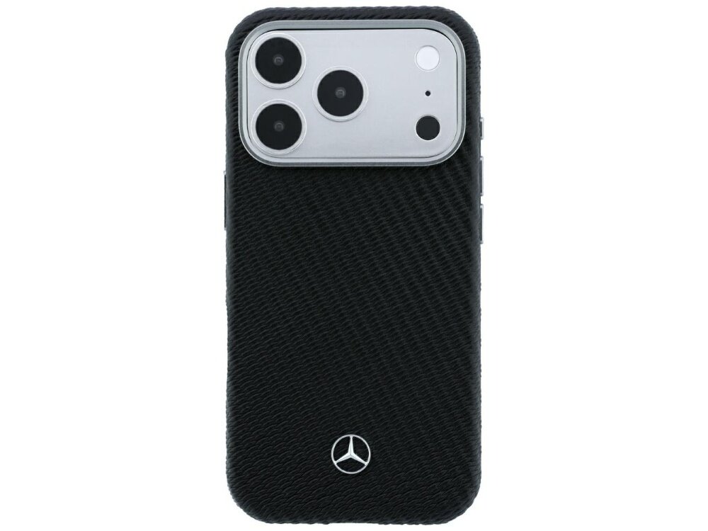 Czarne etui z teksturą, z logo Mercedes na dole, przeznaczone na telefon z trzema dużymi obiektywami aparatu i dwoma mniejszymi otworami.