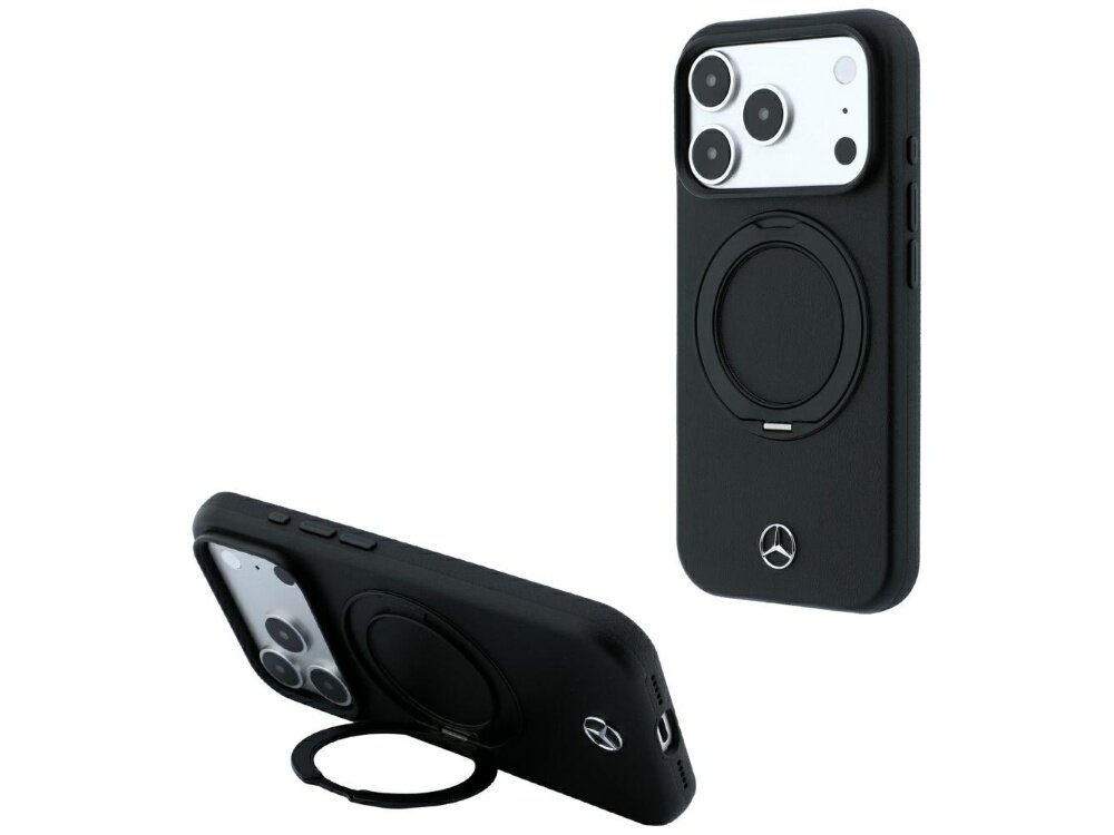 Czarne etui na telefon z logo Mercedes, wyposażone w pierścień do MagSafe. Etui jest pokazane z dwóch perspektyw, prezentując zarówno przód, jak i tył z widocznymi przyciskami bocznymi.