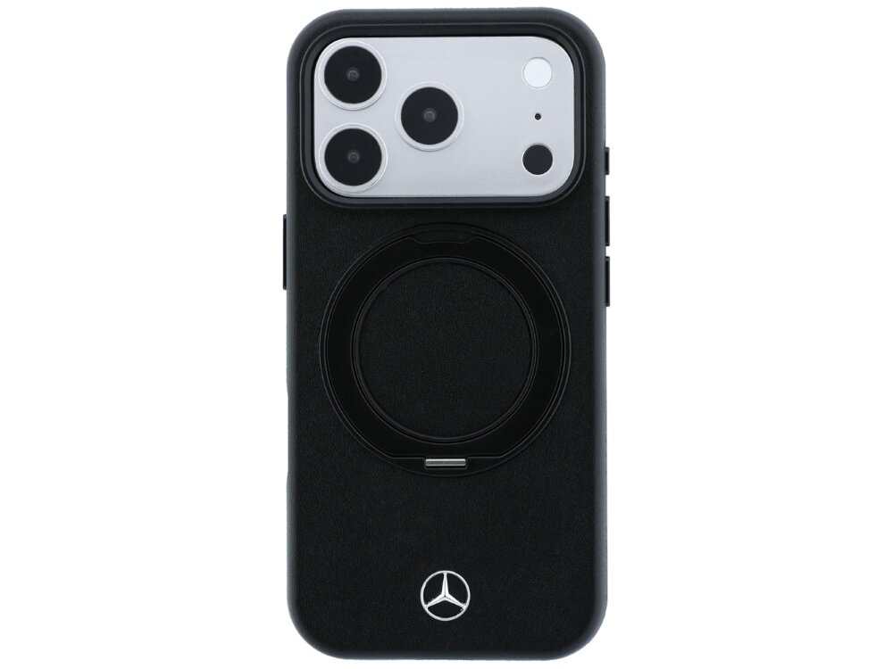 Czarne etui z logo Mercedes, posiada okrągły uchwyt na tylnej części oraz wycięcia na aparat telefonu z trzema obiektywami.