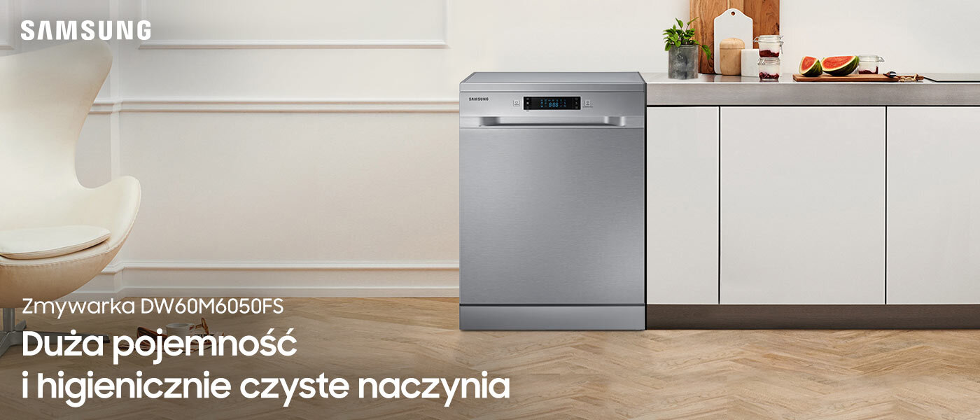 phpa6iYGn DW60M6050FS-kv 1400 v3 Na obrazie widoczna jest zmywarka w zabudowie kuchennej z logo SAMSUNG. Tekst na obrazie: \'Zmywarka DW60M6050FS Duża pojemność i higienicznie czyste naczynia\'.