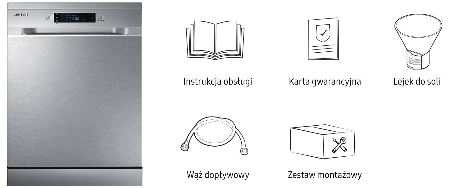 phpOtURtP DW60M6050FS w opakowaniu 1440 Na obrazie widoczna jest zmywarka z panelem sterowania i logo Samsung. Obok znajdują się ikony z podpisami: Instrukcja obsługi, Karta gwarancyjna, Lejek do soli, Wąż dopływowy, Zestaw montażowy.
