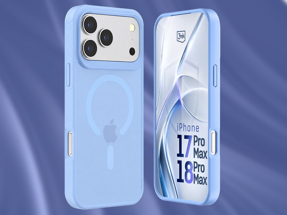 Na obrazie widoczne jest jasnoniebieskie etui na telefon z trzema otworami na aparaty oraz logo w kształcie jabłka. Obok etui znajduje się telefon z wyświetlaczem, na którym widnieje tekst: \'iPhone 17 Pro Max 18 Pro Max\' oraz logo \'3mk\'.