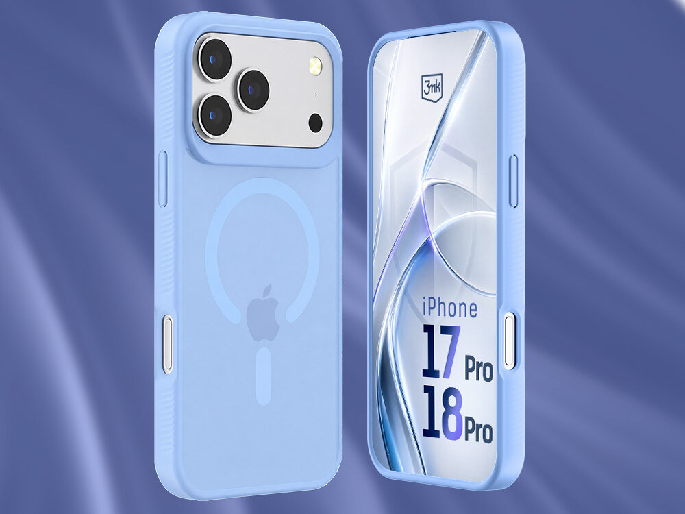 Jasnoniebieskie etui z logo Apple i oznaczeniem MagSafe, przeznaczone do iPhone 17 Pro/18 Pro. Na ekranie widoczny jest napis \'3mk\' oraz \'iPhone 17 Pro 18 Pro\'.