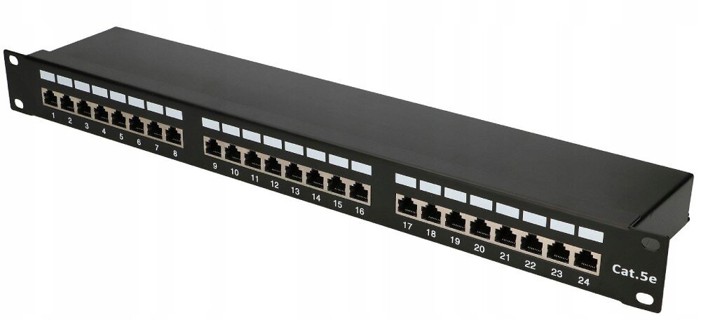 Patch panel EXTRALINK EX.9823 Czarny panel krosowy z 24 gniazdami RJ-45 umieszczonymi w trzech sekcjach po osiem portów z białymi polami do opisu i oznaczeniem 'Cat.5e' po prawej stronie