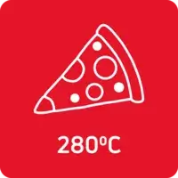 Czerwona ikona z białym symbolem kawałka pizzy i napisem \'280°C\'.