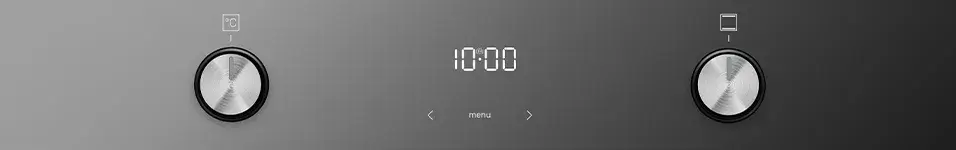 Panel sterowania piekarnika z dwoma pokrętłami i wyświetlaczem cyfrowym pokazującym godzinę 10:00. Pod wyświetlaczem znajduje się napis \'menu\' z symbolami strzałek po obu stronach.