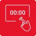 Czerwona ikona z białym symbolem dłoni dotykającej ekran z wyświetlonym czasem 00:00.