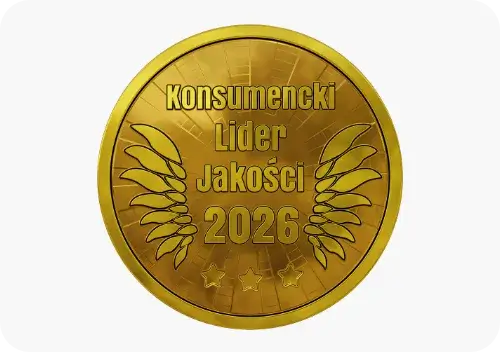 Złoty medal z napisem \'Konsumencki Lider Jakości 2026\' oraz trzema gwiazdkami na dole. Po bokach napisu znajdują się stylizowane skrzydła.