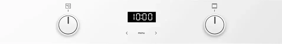 Panel sterowania piekarnika z dwoma pokrętłami i wyświetlaczem cyfrowym pokazującym godzinę 10:00. Pod wyświetlaczem znajduje się napis \'menu\' oraz dwie strzałki.