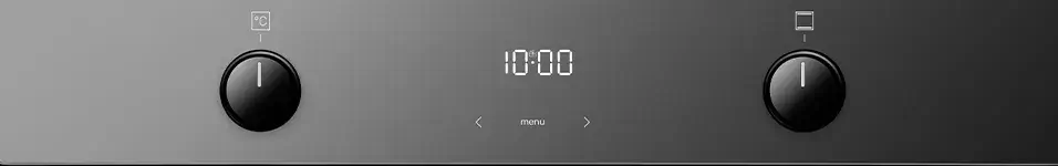 Panel sterowania piekarnika z dwoma pokrętłami i wyświetlaczem cyfrowym pokazującym godzinę 10:00. Pod wyświetlaczem znajduje się napis \'menu\' oraz symbole strzałek.